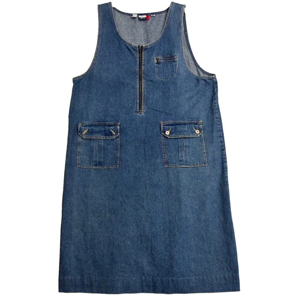 J.L. N.Y. Woman Plus Denim Jumper Dress 2X Zip Front Pockets 100% Cotton Blue